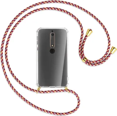 Produktbild von Handykette Backcover-Schutzhülle mit Band (Metall goldfarben) für Nokia 6.1 - weinrot/gelb/grau