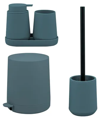 Image de Ensemble de salle de bain eluno TESERO 5 pièces comprenant un distributeur de savon, un gobelet, un bol, une poubelle cosmétique de 4 litres et une brosse WC, en plastique bleu.