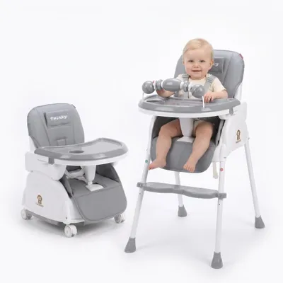 Produktbild von Twinky® Hochstuhl – 2-in-1 Kinderwagen Set – Grau – Klappbarer Esszimmerstuhl, Kinderwagen und Hochstuhl für den Tisch – Hochstuhl