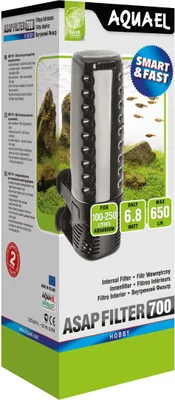 The product packaging for an Aquael ASAP 700 internal aquarium filter.