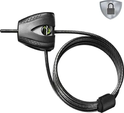 A black Python brand cable lock with a green logo is shown against a white background. A security icon is in the top right corner.