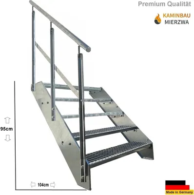 Produktbild von Gitterrost Stahl Wangentreppe 5 Stufen Verzinkt + Geländer Links - (L x B x H) 101cm x 100cm x 95cm