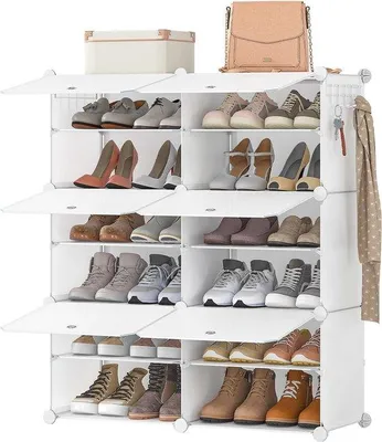 Produktbild von Famanu Schuhregal mit Tür 6 Fächer - Schmaler Kunststoff-Stahlrahmen - 24 Paar Schuhe - Weiß