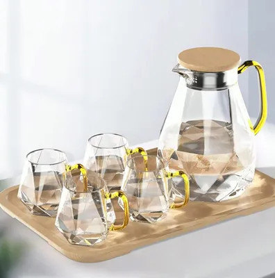 Image de Carafe à eau en verre de 2 litres, avec 4 verres et un couvercle en bambou