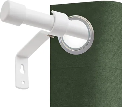 A close-up view of a white curtain rod and bracket holding a dark green curtain with grommets.