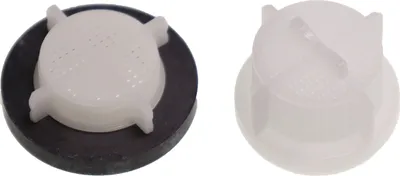 Two parts of a white plastic filter or strainer, one with a black rubber base, against a white background.