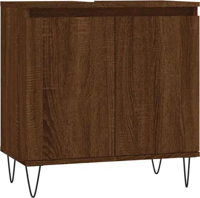 A brown wooden cabinet with hairpin legs, shown from the front.