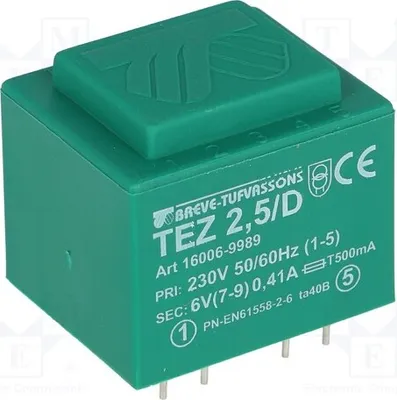 Obrázek produktu pro 1x Transformátor: výstupní napětí 6V, proud 416,6 mA, výkon 2,5 VA, vstupní napětí 230 VAC. Montáž: TEZ2.5/D230/6V - transformátor