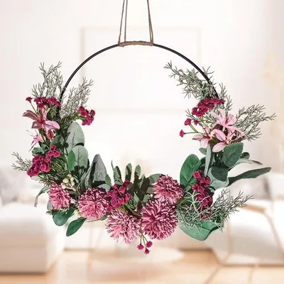 Image de Couronne de porte en fleurs artificielles avec anneaux métalliques, pour le salon et les fêtes