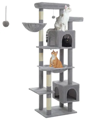 Image de Arbre à chat pour grands appartements - Griffoir XL de 175 cm - Multi-étages - Poteaux à griffer - Hamac extra large et cabane - Plateforme d'observation - Gris