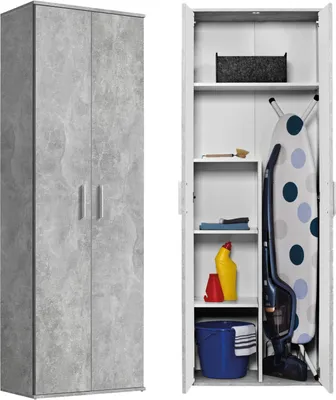Produktbild von mokebo® Mehrzweckschrank o. Besenschrank 'Der Lange', auch als Haushaltsschrank o. Putzschrank mit Staubsaugerfach für Akkustaubsauger (Max. 141x26x34 cm) in Grau aus Holz in 60x180x34 (B/H/T in cm)