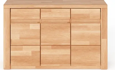 Produktbild von Kommode,  Sideboard Bergen aus Kernbuche massiv geölt mit drei Türen und drei Schubladen , grifflose Optik , L: 127 x T 35 x H 80 cm