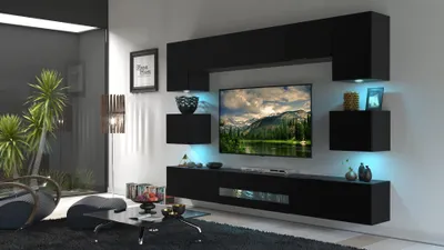 Produktbild von Furnitech Wohnwand Wohnzimmer - Wohnzimmer Möbel mit LED Blau - Wohnzimmer Schrankwand(Besta DAN1-17B-M7-1B Matt)