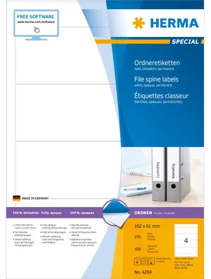 Obrázok produktu pre HERMA Special - papier - matný - trvale samolepiaci - biely - 192 x 61 mm 400 štítkov (100 listov x 4)