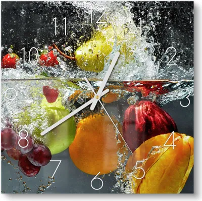 Produktbild von DEQORI Glasuhr 30x30 cm Zahlen 'Gemischtes Obst im Wasser' Wanduhr Glas Uhr Design leise