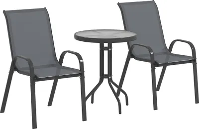 Produktbild von Bistro-Set 3-teilig Wetterfest Gartenmöbel Set mit Glastisch Stapelbare Gartenstühlen Dunkelgrau