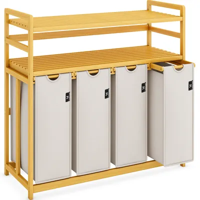 Produktbild von AdelDream Wäschekorb Wäschesortierer mit Regalen 4 Fächer 2 Ablagen Wäschebox Bambus Wäschesack ausziehbar und abnehmbar Laundry Basket 200L Hellgrau
