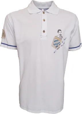 Produktbild von Trachten Poloshirt T-shirt weiß mit kleinem Aufdruck und blauer Naht, Größe:M