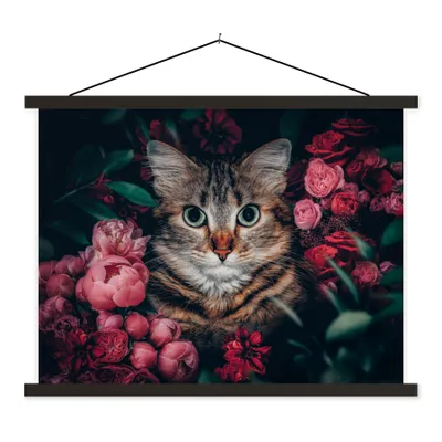 Produktbild von MuchoWow® Textilposter Katze - Blumen - Tiere - Botanisch 150x113 cm mit holzfarbenen Rahmen - Poster