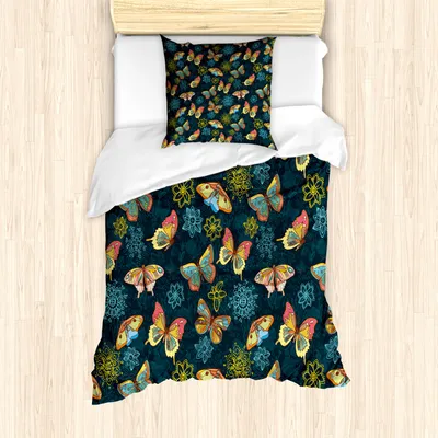 Produktbild von ABAKUHAUS Blumen Mantele, Schmetterlinge und Blumen, Milbensicher Allergiker geeignet mit Kissenbezügen, 135 cm x 200 cm - 80 x 80 cm, Gelb und Blau Petrol