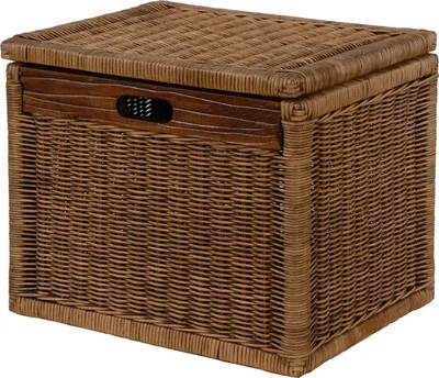 Zdjęcie produktu dla KRINES HOME Wysoki kosz z pokrywą z wikliny rattanowej w kolorze brązowym vintage, kosz z półką, pudełko do przechowywania