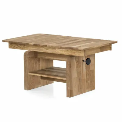 A wooden coffee table with a shelf underneath, shown against a white background.