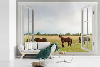 Produktbild von MuchoWow® Fototapete für Wohnzimmer oder Schlafzimmer Wandtapete Vinyl Motivtapete Aussicht - Pferde - Gras - 525x350 cm - Das Hintergrundbild