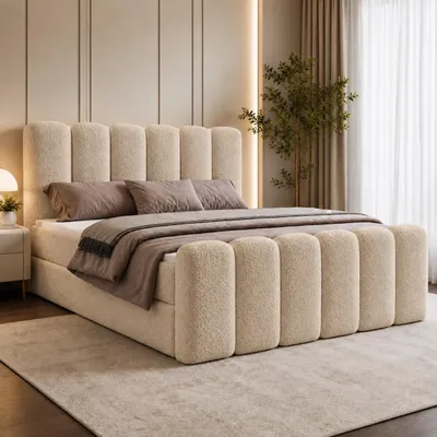 Produktbild von Boxspringbett 200x200 mit Bettkasten NOLA, Komplett-Set mit Bonell-Matratze H3 und Topper, Bouclé Beige