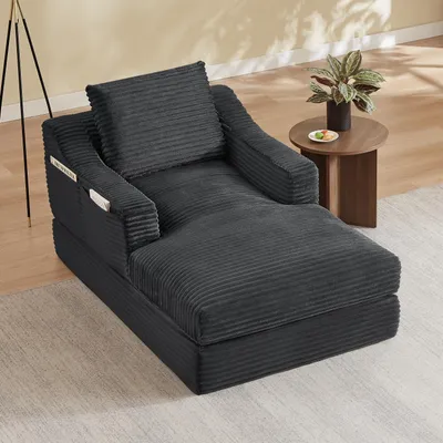 Obrázek produktu pro MODFU relaxační křeslo s dvojitou vrstvou, chaise longue s polštářem, čalouněná postel se bočními kapsami, kordová, tmavě šedá