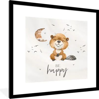 Produktbild von MuchoWow® Gerahmtes Poster Zitate - Glücklich sein - Kinder - Mond - Biber - Aquarell 40x40 cm - Poster mit Schwarzem Bilderrahmen Wandposter Rahmen Foto Bilder - Poster - Plakat im Rahmen