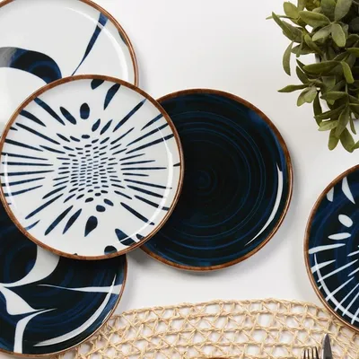 Desserttellerset 6-teilig, Porzellan, marineblau/weiß, 21 cm