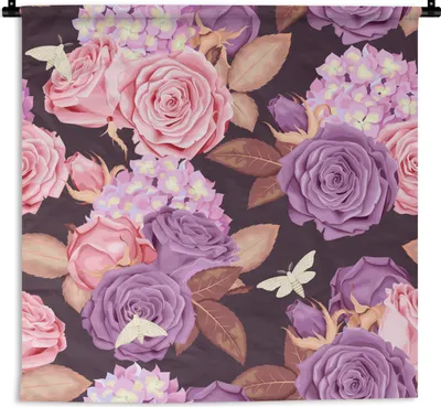 Produktbild von MuchoWow® Wandteppich Wandbehang Blumen - Schmetterlinge - Rosa - Lila 150x150 cm Tapisserie Dekoration Wandtuch - Wohnaccessoires - Modernes