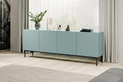 Zdjęcie produktu dla Komoda Nicole 200 cm szałwia, ryflowany front, czarne metalowe nogi
