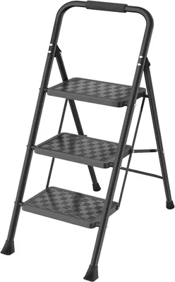 Productafbeelding van Opklapbare ladder met 3 treden, antislip treden met mozaïekpatroon, beklede handgreep, lichtgewicht en ruimtebesparend