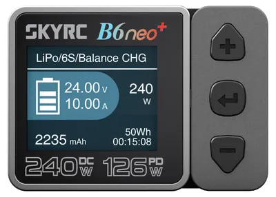 Zdjęcie produktu dla Inteligentna ładowarka 240W, 10A, kompatybilna z PD, o mocy 126W, do ładowania akumulatorów do modeli RC. Obsługuje akumulatory LiPo, LiFe, Li-Ion, LiHV (1-6 ogniw), NiMH, NiCd (2-15 ogniw), oraz akumulatory ołowiowe 3S/6S/12S. Kolor: szary