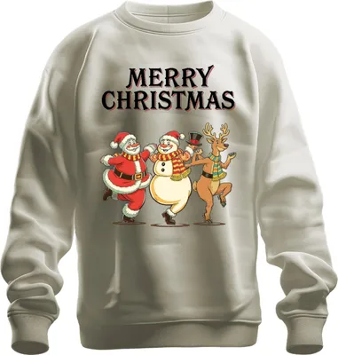 Produktbild von MERRY CHRISTMAS Weihnachtsmann Schneemann Rentier tanzend Vintage Uni Sweatshirt Pullover, Natur, 3XL