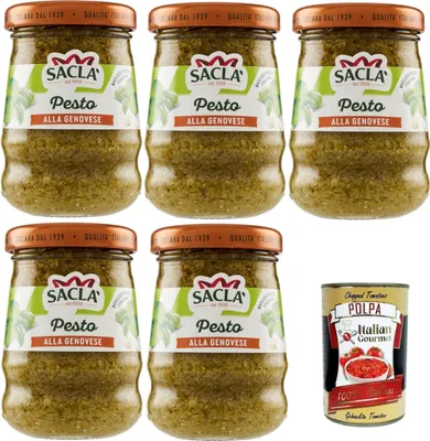 Produktbild von Saclà, genuesisches Pesto, Gewürz für Pasta und zur Bereicherung Ihrer Gerichte, mit frischem italienischen Basilikum, Glas, 5x90g + Italian Gourmet polpa 400g