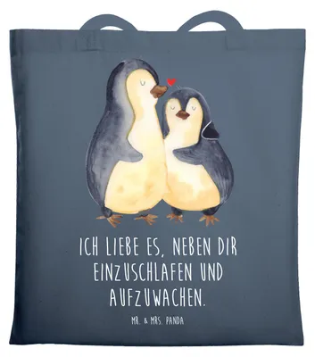 Produktbild von Mr. & Mrs. Panda Shopping Tasche Pinguine Einschlafen - Indigo Blue - Geschenk, Schultasche, für Freundin, Valentinstag, Frauen, Freund, Partner, Stoffbeutel, Jutebeutel