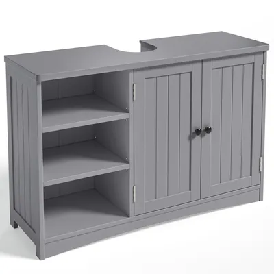 A gray vanity cabinet with a cutout for a sink, shown against a white background.