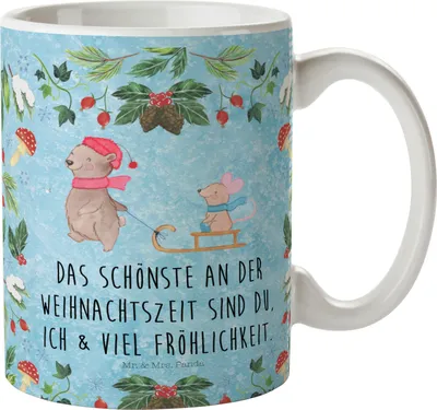Produktbild von Mr. & Mrs. Panda Tasse Bär und Maus Schlitten - Eisblau - Geschenk, Kaffeebecher, keramik, Wintermotiv, schöne, Kaffeetasse, Becher