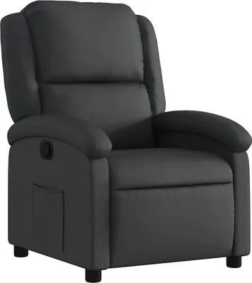 A black leather recliner chair shown from the front-right.