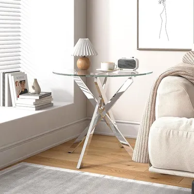 Produktbild von Beistelltisch aus Glas mit Chrombeinen für Wohnzimmer, 50 cm, runder Beistelltisch für Couch, modern, zeitgenössischer Nachttisch für Schlafzimmer