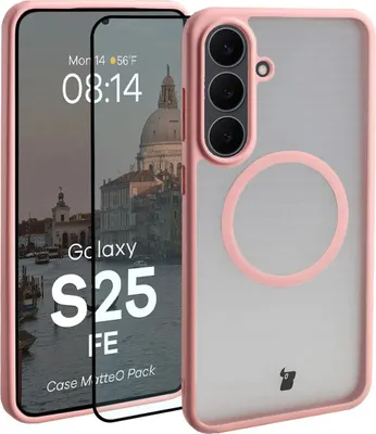 Produktbild von Schutzhülle mit Magnetring + gehärtetem Glas Bizon MatteO Pack für Galaxy S25 FE, Getönt-Hellrosa