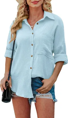 Produktbild von ASKSA Damen Bluse Knöpfe Langarm Oversize Hemden Tunika Revers Langarmshirt Oberteil, Blau, XXL