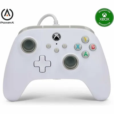 A white Xbox controller with a gray cable is shown against a white background.