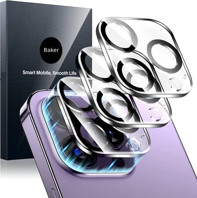 Product packaging and camera lens protectors for a smartphone.