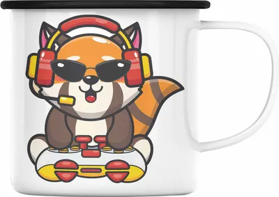 Produktbild von Trendation - Gaming Panda Emaille Tasse Kinder Geschenkidee für Jungs Mädchen Lustige Grafik Gaming Jungen Gamer (Schwarz)