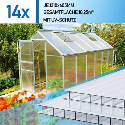 Produktbild von ISOISL 14 Stück Transparent UV-beständige Polycarbonat Hohlkammerstegplatten 60,5 x 121 cm, Doppelstegplatten für Gewächshäuser, Carports und Garten