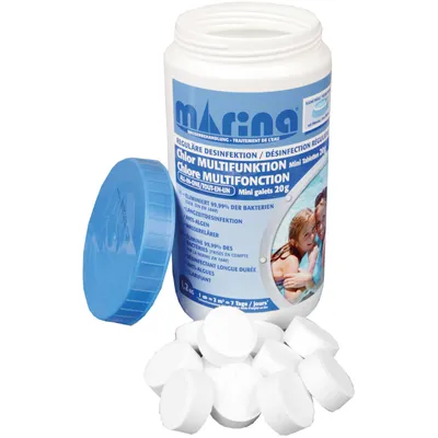 A container of pool chlorine tablets with some tablets spilled in front.