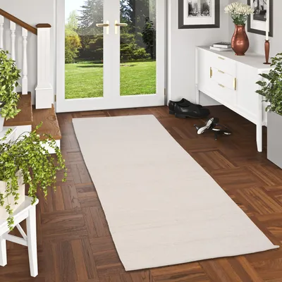 Produktbild von Wolle Natur Teppich Läufer Kelim Woolly Wollweiss Meliert, Größe:70x250 cm